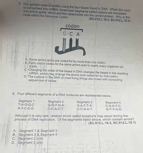 5. Our genetic code is written using the four bases found in DNA.When this code
is transcribed into mRNA.three-base segments called codons are translated
into amino acids, which are then assembled into the correct protein
code called the Universal Code?
(SC.912.L.16.3,SC.912.L.16.9)
A.
Some amino acids are coded for by more than one codon.
B. Each codon codes for the same amino acid in nearly every organism on
Earth.
C. Changing the order of the bases in DNA changes the bases in the resulting
which,may change the amino acid coded for by that codon.
D. The codons in the DNA of most living things are mixed with noncoding
sequences of bases.
6. Four different segments of a DNA molecule are represented below.
Segment 1
Segment 2
T-A-G-G-C
A-T-C-C -G
G-G-T-G-A
C-C-A-C-T
Segment 3
G-A-T-T.-A
C-C-A-A.T
Segment 4
C-A-A-T -C
G-T-T-A -G
Although it is very rare, random errors called mutations may occur during the
process of DNA replication.Of the segments listed above which contain errors?
(SC.912.L.16.3, SC .912.L 18.1)
A. Segment 1,8 Segment 2
B. Segment 3,8 Segment 4
C. Segment 2 only
D. Segment 3 only