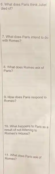 6. What does Paris think Juliet
died of?
7. What does Paris intend to do
with Romeo?
8. What does Romeo ask of
Paris?
9. How does Paris respond to
Romeo?
10. What happens to Paris as a
result of not listening to
Romeo's request?
11. What does Paris ask of
Romeo?