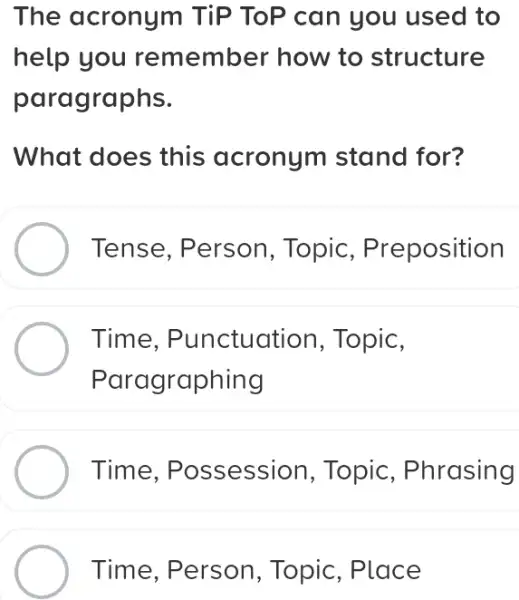 The acronym TiP ToP can you used to
help you remember how to structure
paragraphs.
What does this acronym stand for?
Tense, Person , Topic , Preposition
Time , Punctuation , Topic,
Paragraphing
Time Possession Topic, Phrasing
Time, Person , Topic, Place