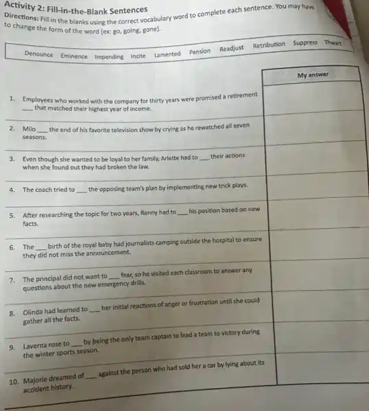 Activity 2: Fill-in-the-Blank Sentences
Directions: Fill in the blanks using the correct vocabulary word to complete each sentence. You may have to change the form of the word (ex: go, going, gone).
Denounce
Eminence
Impending
Incite
Lamented
Pension
Readjust
Retribution
Suppress
Thwart
1. Employees who worked with the company for thirty years were promised a retirement qquad that matched their highest year of income.
2. Milo qquad the end of his favorite television show by crying as he rewatched all seven seasons.
3. Even though she wanted to be loyal to her family, Arlette had to qquad their actions when she found out they had broken the law.
4. The coach tried to qquad the opposing team's plan by implementing new trick plays.
5. After researching the topic for two years, Renny had to qquad his position based on new facts.
6. The qquad birth of the royal baby had journalists camping outside the hospital to ensure they did not miss the announcement.
7. The principal did not want to qquad fear, so he visited each classroom to answer any questions about the new emergency drills.
8. Olinda had learned to qquad her initial reactions of anger or frustration until she could gather all the facts.
9. Laverna rose to qquad by being the only team captain to lead a team to victory during the winter sports season.
10. Majorie dreamed of qquad against the person who had sold her a car by lying about its accident history.