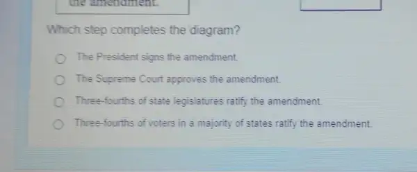 the amendment.
Which step completes the diagram?
The President signs the amendment.
The Supreme Court approves the amendment.
Three-fourths of state legislatures ratify the amendment.
Three-fourths of voters in a majority of states ratify the amendment.