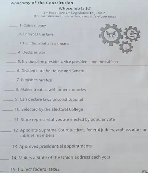 Anatomy of the Constitution
Whose Job Is It?
E=ExecutiveL=LegislativeJ=Judicial
or each description show the correct side of your tent.)
__ 1. Coins money
__ 2. Enforces the laws
__ 3. Decides what a law means
__ 4. Declares war
__ 5. Includes the president, vice president, and the cabinet
__ 6. Divided into the House and Senate
__ 7. Punishes pirates!
__ 8. Makes treaties with other countries
__ 9. Can declare laws unconstitutional
__ 10. Selected by the Electoral College
__ 11. State representatives are elected by popular vote
__ 12. Appoints Supreme Court Justices federal judges ambassadors an
cabinet members
__ 13. Approves presidential appointments
__ 15. Collect federal taxes