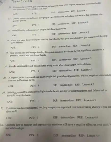 assessing yourself, you can identify and improve some areas of your mental and emotional health
and determine if you need to seek help.
DIF: intermediate REF: Lewon 4.1
PTS: 1
ANS:
stereotypes influence bow people view themselves and others and leads to fair treatment of a
specific gender.
ANS:
PTS: 1
DIP: intermediate REF:Lesson 4.2
25. Social identity influences how people feel about themselves.
ANS:
PTS: 1
DIF: intermediate REF Lesson 4.2
26. Once you have discovered your identity, that identity will grow and change as you mature and develop
new interests.
ANS:
PTS: 1
DIF: intermediate REF Lesson 4.2
27. Self-esteem and self-image develop during adolescence, but do not have a significant impact on a
person's mental and emotional health.
ANS:
PTS: 1
DIF: intermediate REF:Lesson 4.3
28. People with healthy self-esteem often worry about what other people think of them.
ANS:
PTS: 1
DIF: intermediate REF:Lesson 4.3
29. A supportive environment can make people feel good about themselves, while a negative environmen
can tear self-esteem down.
ANS:
PTS: 1
DIF: intermediate REF Lesson 4.3
30. Holding yourself to impossibly high standards sets you up for disappointment and failure and is
harmful to self-esteem.
ANS:
PTS: 1
DIF: intermediate REF Lesson 43
31. Emotions can be complicated, but they can play an important role in motivating change if you ms
them well.
ANS:
PTS: 1
DIF: intermediate REF Lesson 4.4
32. Learning how to manage and express your emotions will have a negative effect on your mind,b
and relationships.
ANS:
PTS: 1
DIF: intermediate REF Lesson 4.4