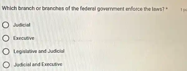 Which branch or branches of the federal government enforce the laws?
Judicial
Executive
Legislative and Judicial
Judicial and Executive
1 po