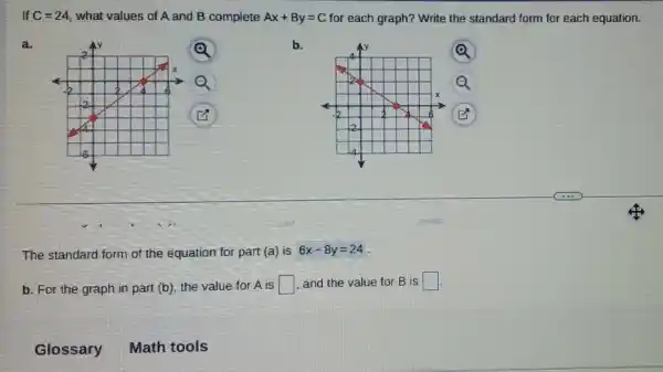 If C=24 what values of A and B complete Ax+By=C for each graph? Write the standard form for each equation.
a.
b.
The standard form of the equation for part (a) is 6x-8y=24
b. For the graph in part (b), the value for A is square  and the value for B is square