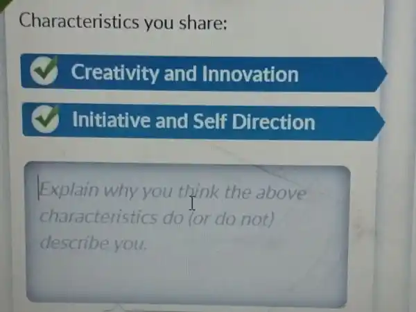 Characteristics you share:
Creativity and Innovation
Initiative and Self Direction
Explain why you think the above
characteristics do for do not)
describe you.