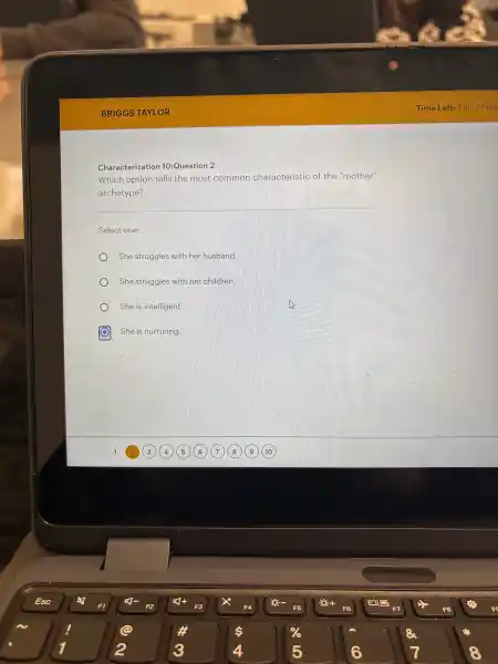 Characterizatior 10:Question 2
Which op tion tells the most common ch aracteristic of the "mother'
archetype?
Select one:
She strug iles with her h usband.
She str uggles with her children.
She is inte ligent.
She is nurtu ring.