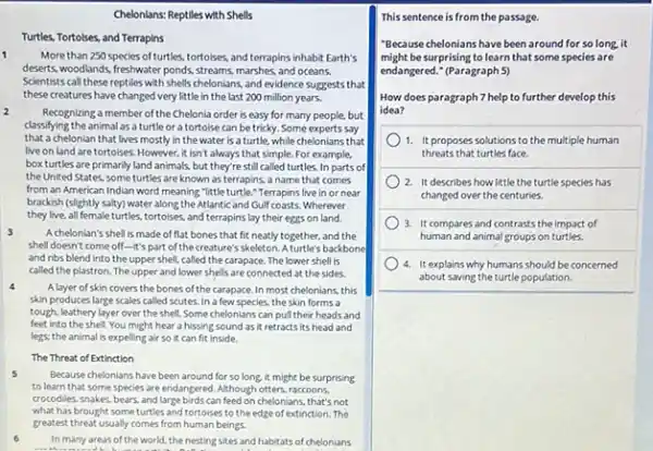 Chelonlans: Reptiles with Shells
Turtles, Tortolses, and Terrapins
More than 250 species ofturtles, tortoises, and terrapins inhabit Earth's
deserts, woodlands, freshwater ponds streams, marshes, and oceans.
Scientists call these reptiles with shells chelonians, and evidence suggests that
these creatures have changed very little in the last 200 million years.
Recognizing a member of the Chelonia order is easy for many people, but
classifying the animal as a turtle or a tortoise can be tricky. Some experts say
that a chelonian that lives mostly in the water is a turtle.while chelonians that
live on land are tortoises. However, it isn't always that simple. For example.
box turtles are primarily land animals, but they're still called turtles. In parts of
the United States, some turtles are known as terrapins, a name that comes
from an American Indian word meaning "little turtle."Terrapins live in or near
brackish (slightly salty) water along the Atlantic and Gulf coasts. Wherever
they live, all female turtles, tortoises, and terrapins lay their eggs on land.
3
Achelonian's shell is made of flat bones that fit neatly together, and the
shell doesn't come off -It's part of the creature'skeleton. A turtle's backbone
and ribs blend into the upper shell, called the carapace. The lower shell is
called the plastron. The upper and lower shells are connected at the sides.
4
A layer of skin covers the bones of the carapace. In most chelonians.this
skin produces large scales called scutes. In a few species, the skin forms a
tough, leathery layer over the shell. Some chelonians can pull their heads and
feet into the she You might hear a hissing sound as it retracts its head and
legs: the animal is expelling air so it can fit inside.
The Threat of Extinction
Because chelonians have been around for so long.it might be surprising
to learn that some species are endangered. Although otters, raccoons.
crocodiles, snakes, bears, and large birds can feed on chelonians, that's not
what has brought some turtles and tortoises to the edge of extinction . The
greatest threat usually comes from human beings.
6
In many areas of the world, the nesting sites and habitats of chelonians
This sentence is from the passage.
"Because chelonians have been around for so long.it
might be surprising to learn that some species are
endangered." (Paragraph 5)
How does paragraph 7 help to further develop this
idea?
1. It proposes solutions to the multiple human
threats that turtles face.
2. It describes how little the turtle species has
changed over the centuries
3. It compares and contrasts the impact of
human and animal groups on turtles.
4. It explains why humans should be concerned
about saving the turtle population.