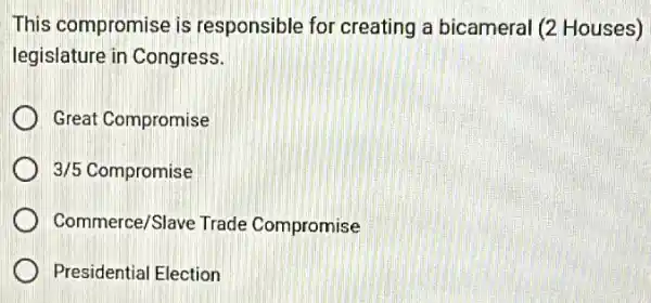 This compromise is responsible for creating a bicameral (2 Houses)
legislature in Congress.
Great Compromise
3/5 Compromise 3/5
Commerce/Slave Trade Compromise
Presidential Election