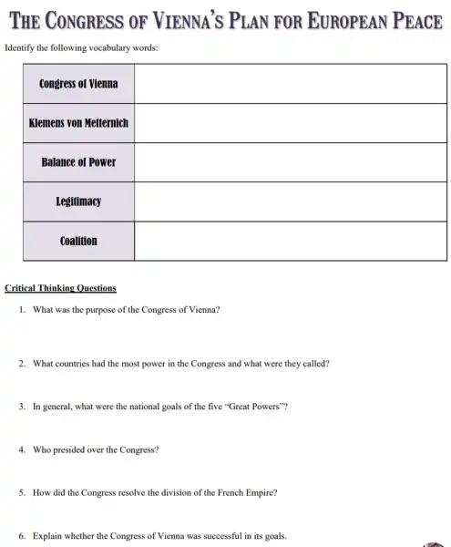 THE CONGRESS OF VIENNA'S PLAN FOR EUROPEAN PEACE
Identify the following vocabulary words:

 Congress of Vienna & 
 Klemens von Metternich & 
 Balance of Power & 
 Legitimacy & 
 Coalition & 


Critical Thinking Questions
1. What was the purpose of the Congress of Vienna?
2. What countries had the most power in the Congress and what were they called?
3. In general, what were the national goals of the five "Great Powers"?
4. Who presided over the Congress?
5. How did the Congress resolve the division of the French Empire?
6. Explain whether the Congress of Vienna was successful in its goals.