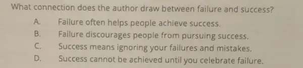 What connectior does the author draw between failure and success?
A. Failure often helps people achieve success.
B. Failure discourages people from pursuing success.
C. Success means ignoring your failures and mistakes.
D. Success cannot be achieved until you celebrate failure.