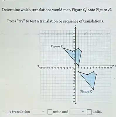 Determine which translations would map Figure Q onto Figure R.
Press "try" to test a translation or sequence of translations.
A translation square  square  units and square  square  units.