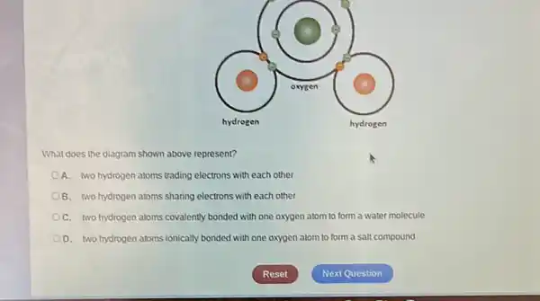 What does the diagram shown above represent?
A. two hydrogen atoms trading electrons with each other
B. two hydrogen atoms sharing electrons with each other
C. two hydrogen atoms covalently bonded with one oxygen atom to form a water molecule
OD. two hydrogen atoms ionically bonded with one oxygen atom to form a salt compound