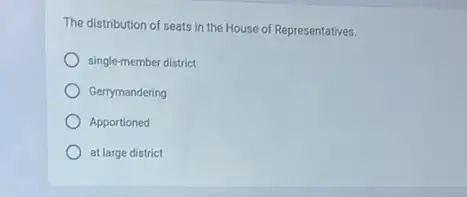 The distribution of seats in the House of Representatives.
single-member district
Gerrymandering
Apportioned
at large district