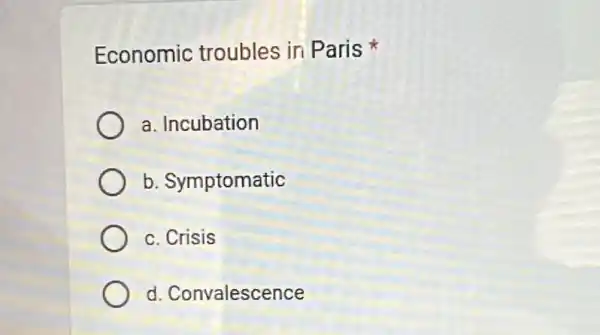 Economic troubles in Paris
a. Incubation
b. Symptomatic
c. Crisis
d. Convalescence