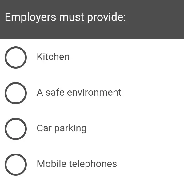 Employers must provide:
Kitchen
A safe environment
Car parking
Mobile telephones