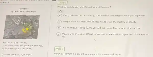 er Part B.
"Identity"
by Julio Noboa Polanco
Let them be as flowers.
always watered, fed, guarded admired.
but harnessed to a pot of dirt.
I'd rather be a tall, ugly weed,
Which of the following identifies a theme of the poem?
A Being different can be isolating, but it leads to true independence and happiness.
B People often fear those who choose not to follow the majority of society
C It is much easier to be true to yourself than to conform to what others expect.
D People who overcome difficult circumstances are often stronger than those who do
not.
Which detail from the poem best supports the answer to Part A?