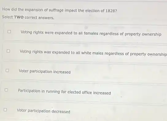 How did the expansion of suffrage impact the election of 1828?
Select TWO correct answers.
Voting rights were expanded to all females regardless of property ownership
Voting rights was expanded to all white males regardless of property ownership
Voter participation increased
Participation in running for elected office increased
Voter participation decreased