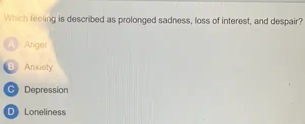 Which feeling is described as prolonged sadness loss of interest, and despair?
A Anger
Anxiety
C Depression
D Loneliness