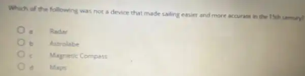 Which of the following was not a device that made sailing easier and more accurate in the 15th century?
Radar
Astrolabe
Magnetic Compass
Maps