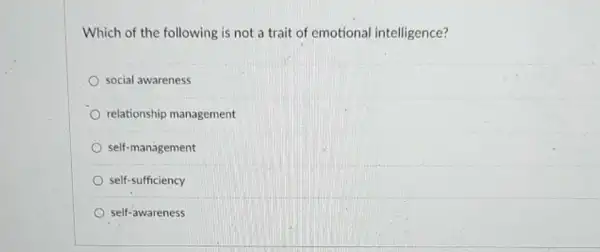 Which of the following is not a trait of emotional intelligence?
social awareness
relationship management
self-management
self-sufficiency
self-awareness