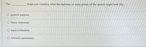 The __ helps you visualize what the skeleton, or main points, of the speech might look like.
general purpose
thesis statement
topic evaluation
internal consistency