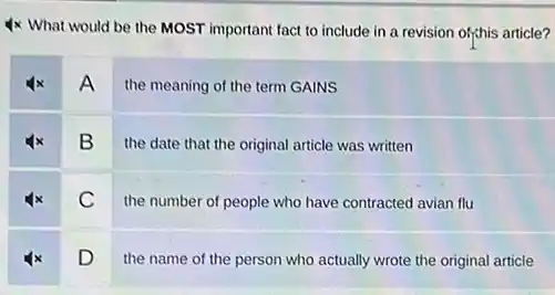 What would be the MOST important fact to include in a revision of this article?
A the meaning of the term GAINS
B the date that the original article was written
C the number of people who have contracted avian flu
D the name of the person who actually wrote the original article