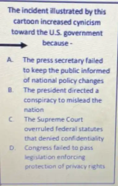 The incident illustrated by this
cartoon increased cynicism
toward the U.S . government
because -
A The press secretary failed
to keep the public informed
of national policy changes
B. The president directed a
conspiracy to mislead the
nation
C. The Supreme Court
overruled federa statutes
that denied confidentiality
D. Congress failed to pass
legislation enforcing
protection of privacy rights