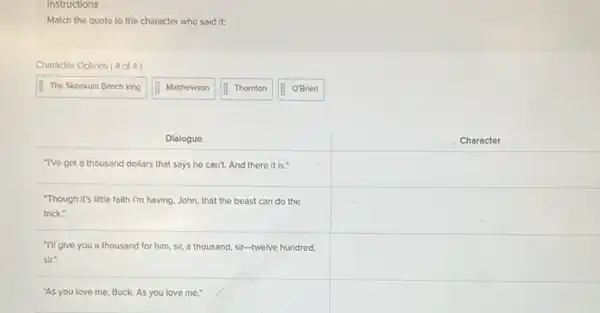 Instructions
Match the quote to the character who said it:
Character Options ( 4 of 4 )
The Skookum Bench king
Matthewson
Thornton
O'Brien
Dialogue
Character
"Tve got a thousand dollars that says he can't. And there it is."
"Though it's little faith I'm having, John, that the beast can do the trick."
"Tll give you a thousand for him, sir, a thousand, sir-twelve hundred, sir."
"As you love me, Buck. As you love me,"