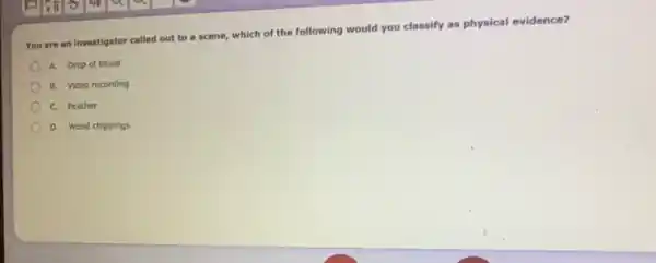 You are an investigator called out to a scene, which of the following would you classify as physical evidence?
A. Drop of blood
B. Video recording
C. Feather
D. Wood chippings