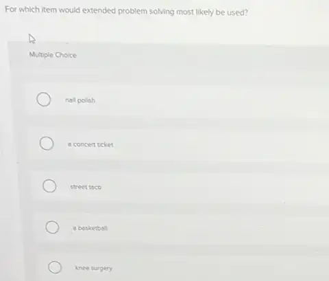 For which item would extended problem solving most likely be used?
Multiple Choice
nall polish
a concert ticket
street taco
a basketball
knee surgery