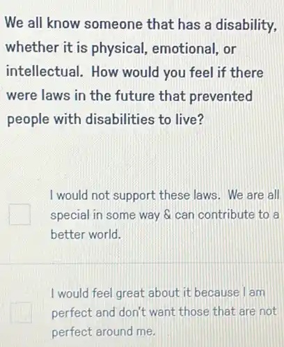 We all know someone that has a disability,
whether it is physical emotional, or
intellectual. How would you feel if there
were laws in the future that prevented
people with disabilities to live?
I would not support these laws. We are all
special in some way can contribute to là
better world.
I would feel great about it because I am