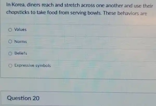 In Korea, diners reach and stretch across one another and use their
chopsticks to take food from serving bowls.These behaviors are
Values
Norms
Beliefs
Expressive symbols
Question 20