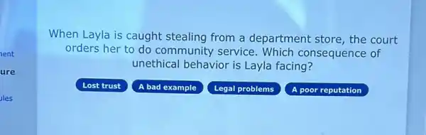 When Layla is caught stealing from a department store, the court
orders her to do community service . Which consequence of
unethical behavior is Layla facing?
Lost trust
A bad example
Legal problems
A poor reputation