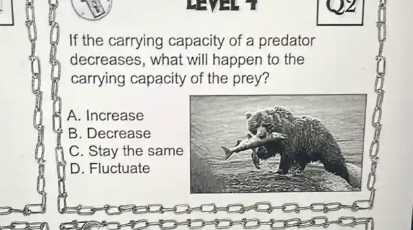 LEVEL T
If the carrying capacity of a predator
decreases, what will happen to the
carrying capacity of the prey?
A. Increase
B. Decrease
C. Stay the same
D. Fluctuate