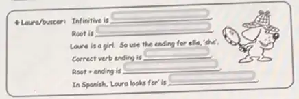 Loure/buscari Infinitive is
square 
Root is
square 
Loura is a girl.So use the ending for ella, 'she'
Correct verb ending is
__
Root-ending is
__
In Sponish, Loura looks for is
__