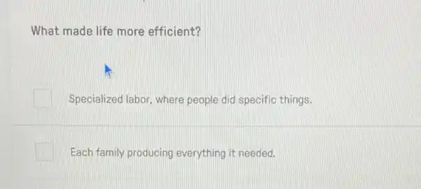 What made life more efficient?
Specialized labor, where people did specific things.
Each family producing everything it needed.