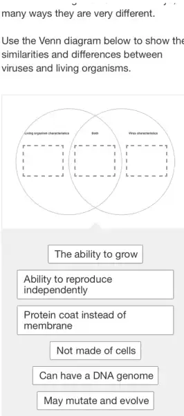 many ways they are very different.
Use the Venn diagram below to show the similarities and differences between viruses and living organisms.
The ability to grow
Ability to reproduce independently
Protein coat instead of membrane
Not made of cells
Can have a DNA genome
May mutate and evolve