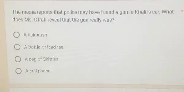 The media reports that police may have found a gun in Khalil's car. What
does Ms. Ofrah reveal that the gun really was?
A hairbrush
A bottle of iced tea
A bag of Skittles
A cell phone