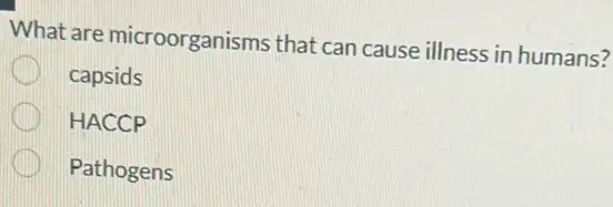 What are microorganisms that can cause illness in humans?
capsids
HACCP
Pathogens