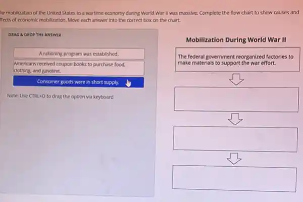 he mobilization of the United States to a wartime economy during World War II was massive. Complete the flow chart to show causes and
flects of economic mobilization. Move each answer into the correct box on the chart.
DRAG S DROP THE ANSWER
A rationing program was established
Americans received coupon books to purchase food.
dothing, and gasoline.
Consumer goods were in short supply.
Note: Use CTRL+D to drag the option via keyboard
Mobilization During World War II
The federal government reorganized factories to
make materials to support the war effort.
square 
square 
square