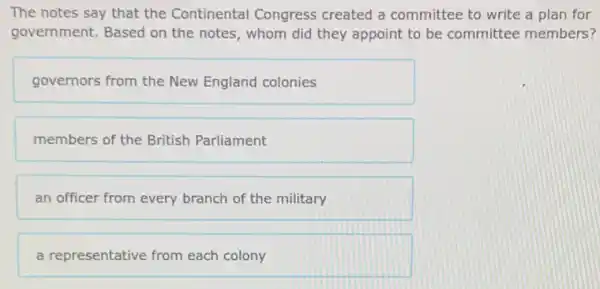 The notes say that the Continental Congress created a committee to write a plan for
government. Based on the notes, whom did they appoint to be committee members?
governors from the New England colonies
members of the British Parliament
an officer from every branch of the military
a representative from each colony