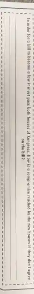 In order for a bill to become a law it must pass both houses of Congress.How is a compromise reached by the two houses if they don't agree
on the bill?
__