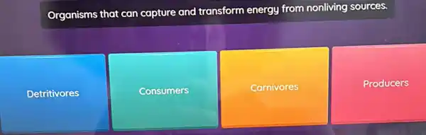 Organisms that can capture and transform energy from nonliving sources.
Detritivores
Consumers
Carnivores
Producers