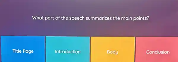 What part of the speech summarizes the main points?
Title Page
Introduction
Body
Conclusion