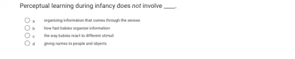 Perceptual learning during infancy does not involve __
organizing information that comes through the senses
b how fast babies organize information
the way babies react to different stimuli
d giving names to people and objects