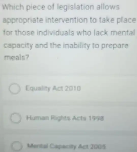 Which piece of legislation allows
appropriate intervention to take place
for those individuals who lack mental
capacity and the inability to prepare
meals?
Equality Act 2010
Human Rights Acts 1998
Mental Capacity Act 2008