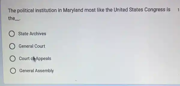 The political institution in Maryland most like the United States Congress is 1
the __
State Archives
General Court
Court of Appeals
General Assembly