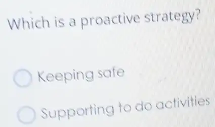 Which is a proactive strategy?
Keeping safe
Supporting to do activities