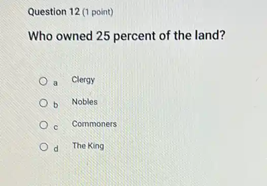 Question 12 (1 point)
Who owned 25 percent of the land?
a Clergy
b Nobles
c Commoners
d The King